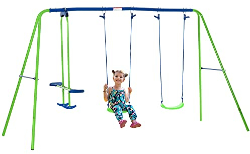 Outsunny Kids Swing Set, Metal Garden Swing Set with 2 Seats, Glider, Heavy Duty A-Frame, Outdoor Children Playground for 3+ Years Old, Green