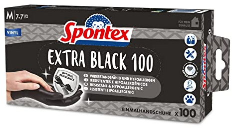 Spontex Extra Black Guanti monouso in vinile, senza polvere e senza lattice, versatili, in pratica scatola dispenser, taglia M, confezione da 100, colore: Nero