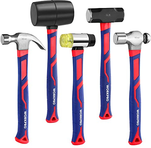 WORKPRO 5-Piece forge/Polish Steel Head, Fiberglass Handle Set - 32oz Rubber Mallet | 16oz Claw & Ball-Peen Hammers | 3lb Sledge | 22oz Double-Faced Mallet