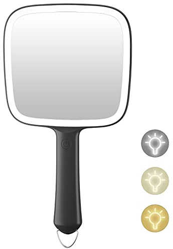 Famihomii Hand Mirror with 3 Light Color & Dimmable, Lighted Handheld Mirror, Lightweight & Durable, Portable & Hangable for Makeup Application, Hair Styling, Shaving, Battery Operated