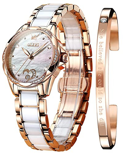 OLEVS Women Automatic Mechanical Watches Self Winding Rose Gold Two Tone Ceramic Strap Diamond Love Heart Dial Fashion Elegant Dress Ladies Wrist Watches Waterproof Luminous White