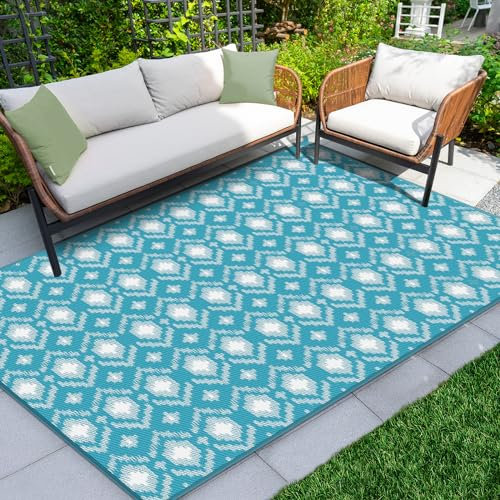 ROMROL Tappeto da esterno moderno, grande tappetino e tappeto per esterni, camper, patio, cortile, coperta, picnic, spiaggia, rimorchio, campeggio, blu e bianco