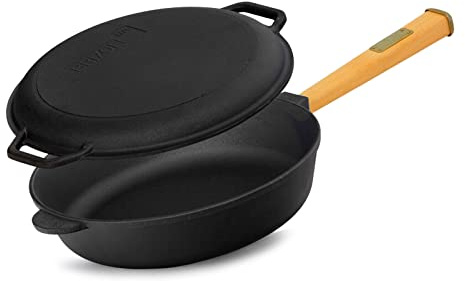 4BIG.fun Padella in ghisa, 24 cm, con coperchio, altezza 62 mm, manico in legno, svitabile, per barbecue a gas, forno, focolare, tutti i piani cottura, incl. induzione