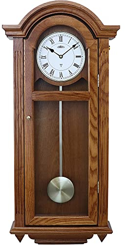 PRIM Design Pendel-Holzwanduhr Radio Melody II funkgesteuert, Mittelbraun/Melody, luxuriöse Funkuhr, große Wand-Dekoration: 350 x 790 x 100 mm, Luxus Deko für Wohnzimmer, Schlafzimmer, Büro