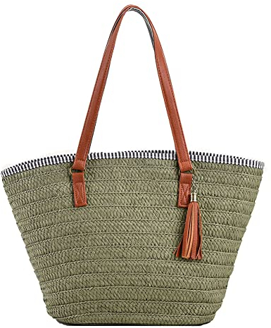 TIAASTAP Strohtaschen Damen, Sommer Strandtasche Stroh Groß Geflochten Korbtasche Stroh Handtasche Basttasche mit Reißverschluss und Leder Schultergurt für Strand Reise Einkauf, Grün