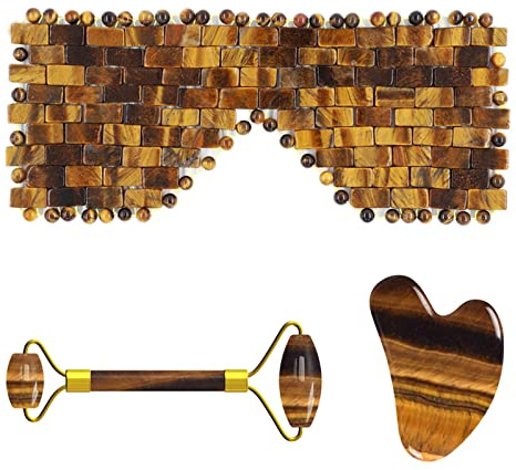 Jade Augenmaske Gesichtsmassage Roller Set Natürlicher Rosenquarz Schlafaugenmaske Gesichtsroller,Tigerauge Ganzer Satz