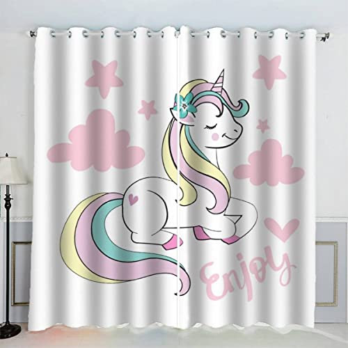 AKATIE Cartoon-Pferd Mit Wolken Vorhänge Blickdicht mit Ösen 2er Set Kindervorhänge 3D Gedruckt Kawaii Tiere Gardinen Modern Home Dekoration (183x214 cm)