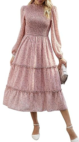YNIQUE Women's 2023 Casual Long Lantern Sleeve High Waist Smocked Flowy Tiered Midi Dress