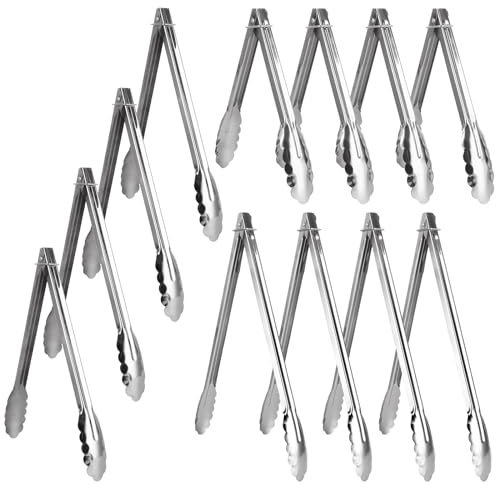 VIDETOL 12 PCS Stainless Steel Kitchen Tongs, 9 Inch 12 Inch 14 Inch Food Serving Tongs, Sturdy Cooking Tongs for Air Fryer, BBQ, Frying