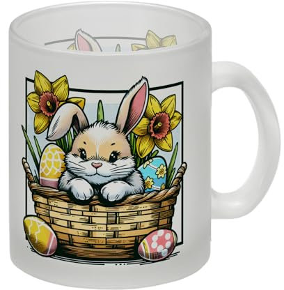 Osterhase im Osternest Glas Tasse Süßer Hase Tasse mit Osterglocken Perfekt für Osterkorb Kaffee Oster-Motiv Blumen Korb Design