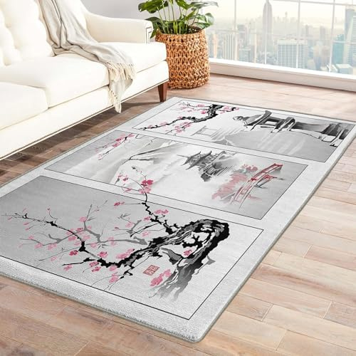 Sxakswol Tapis de Salon Fleurs de Cerisier Japonais 60x120 cm Poil Court Moderne Style Asiatique Gris 3D Doux Lavable Antidérapant