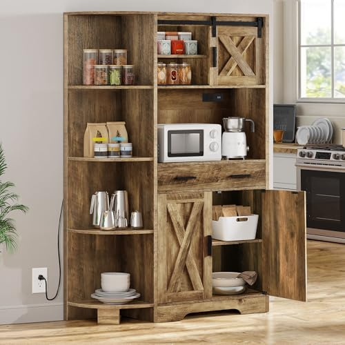 YITAHOME 67 Farmhouse Kitchen Pantry with Power Outlet, Sliding Barn Door Storage Cabinet w Charging Station, Freestanding Hutch with Shelves & Drawer, Microwave Stand Cupboard for Dining Room, Oak