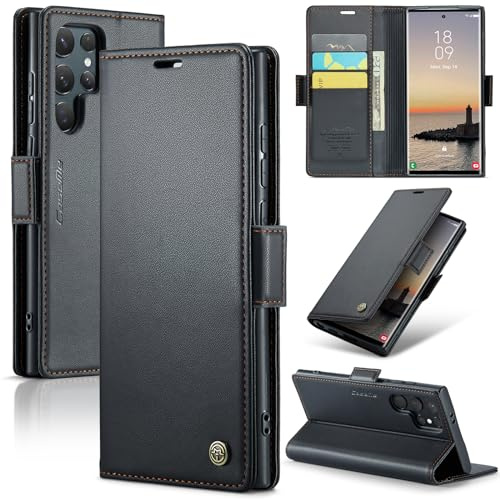Rerzoiro Handyhülle für Samsung Galaxy S24 Ultra Hülle, Premium PU Leder Klapphülle RFID Schutzhülle Magnet Kartenfach Standfunktion Flip Wallet Tasche Case Kompatibel Samsung S24 Ultra, Schwarz