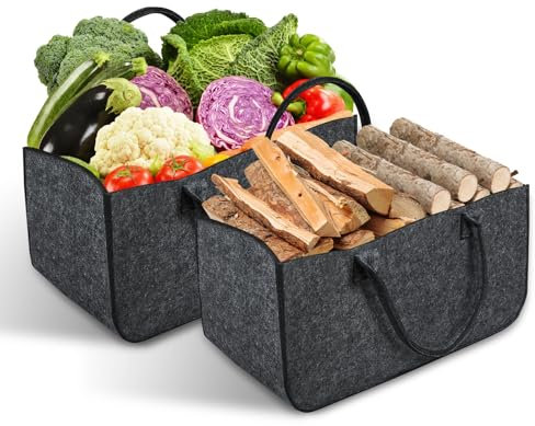 Borsa in Feltro per Legna da Ardere，XL Cesto Portalegna da Interno con Manici，Cestino In Legno Di Feltro，Pieghevole Cesta Camino per Caminetto Shopper Giornali Vestiti Giocattoli，Grigio Scuro,2 Pezzi