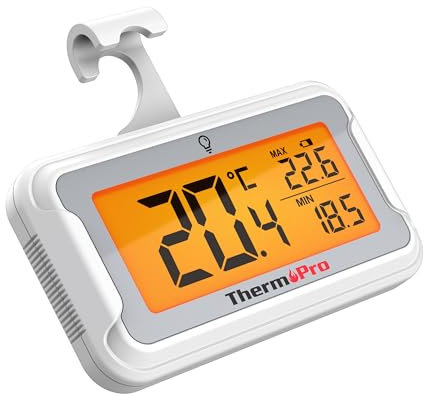 ThermoPro TP110 Termómetro para frigorífico con gran pantalla LCD retroiluminada, termómetro impermeable para congelador con registro de máximos y mínimos, termómetro digital frigorífico