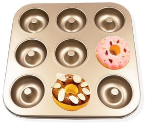 Gurlideo Non Stick Donut Mould 9-Cavity Cupcake Tins Carbon Steel Baking Tray for Doughnut Muffin Cupcake, Gold (One Style)