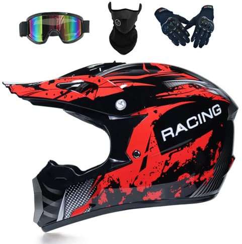 SMTSEC Motocross Helm Kinder Erwachsene Dirt Bike Offroad Cross Helms Herren ATV Motocross Helm Jugend Motorradhelm MX Enduro Full Face MTB Helm Mit Brille Maske Handschuhe Downhill Helm,Red/B-XL