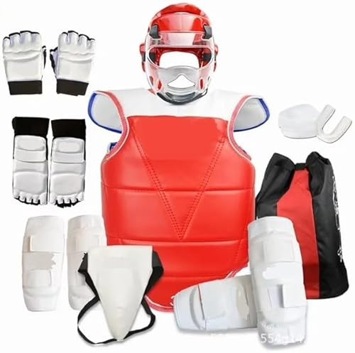 Tuta protettiva per taekwondo, per adulti e bambini, da competizione, kit per arti marziali, set di parastinchi e guanti sportivi combinati per bambini (rosso, 110-130 cm)