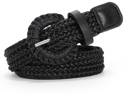 VONMELLI Schmaler Gürtel Damen Geflochtener Gürtel Retro Stretchgürtel Rattan Gewebter Taillengürtel für Sommermode Kleid Jeans Hose Schwarz Passend für Taillen bis zu 88 cm