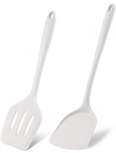 Herogo Set di 2 spatole in silicone, antiaderenti, per cucinare, resistenti al calore, utensili da cucina per friggere uova, pesce, frittelle, lavabili in lavastoviglie, bianco