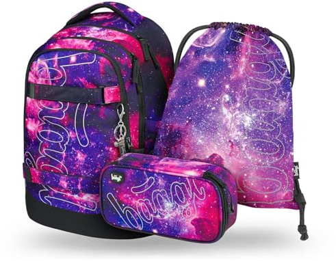 Baagl Skolryggsäck set pojkar flickor tonåringar 3 delar, skateboard ryggsäck skridskoåkning MAX, skolväska från 3 Klasse, grundskola skolväska med bröstbälte, ergonomisk skolväska, 30 l, Galaxy