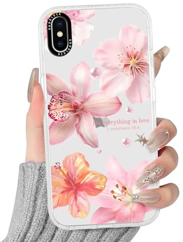 Yoedge Handyhülle für iPhone X/iPhone XS Hülle mit Hibiskus Blumen Muster | Aesthetic Meerestier Sommer Bunt Design Case Mädchen Geschenk Schutzhülle, Transparent Silikon Kratzfest Cover, Rosa 03