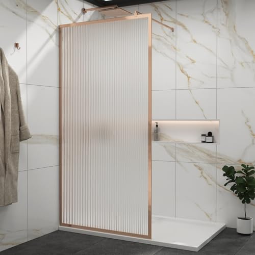 Luxor 700mm Walk in Wet Room Fluted Shower Screen with Brushed Bronze Frame 8mm Easy Clean Toughened Safety Glass & Top Support Arm