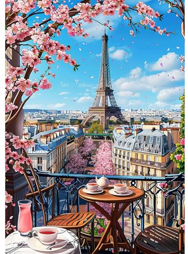 NEWENMO 5D Eiffel Tower Diamond Painting Kit per Adulti,Bella Fiori di Ciliegio Pittura Diamante Kit,DIY Vista della Città Diamond Art Kit Completo,per Adulti Principianti Decorazione Casa 30x40cm