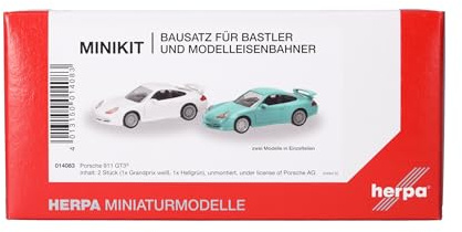 Herpa Modellbausatz MiniKit Porsche 911 GT3 (996) Grandprix Weiß und hellgrün, 2 Stück, Miniatur im Maßstab 1:87, Sammlerstück, Kit für Modellbau, Kunststoff