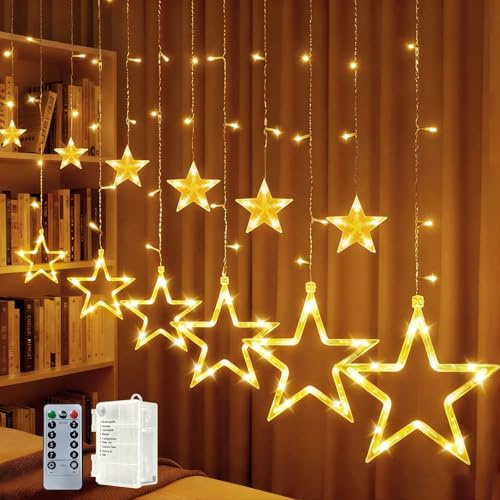 YIFMOO 138LED Lichtervorhang Lichterkette Batterie, 12 Sterne Weihnachten Fenster Lichtervorhang mit Timer, 8 Modi Vorhang Lichterkette/Weihnachtsbeleuchtung für Innen Außen Balkon Zimmer, Warmweiß