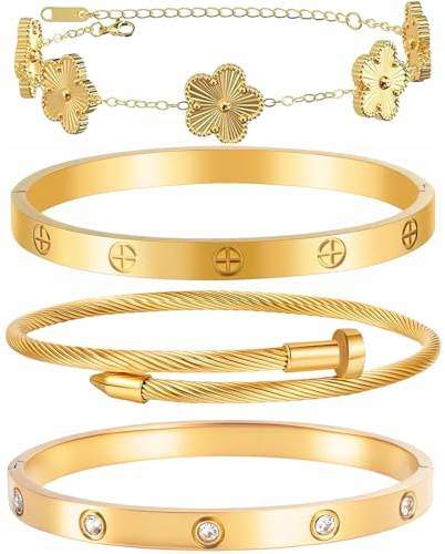 Ntutrxk Gold Bracelets for Women-4Sets,18K Gold Plated Bracelet,Stainless Steel Bangle Bracelets Non Tarnish, Gold Bracelet Set Trendy Jewelry,Christmas Valentines Birthday Gifts Mother's Day