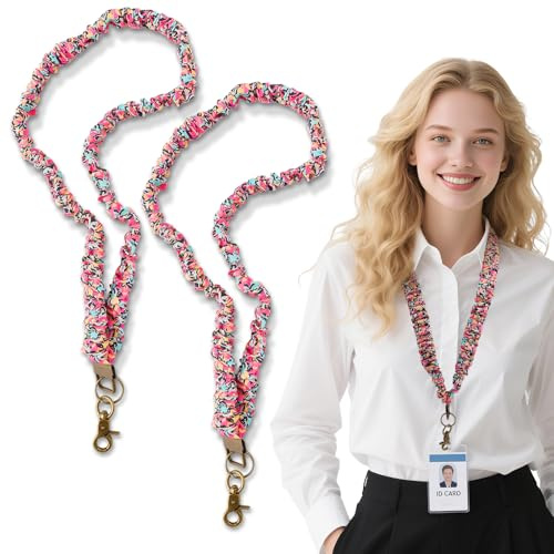 Notoke 2 Stück Dehnbares Scrunchie-Lanyard für Ausweise und Schlüssel, Elastischer Schlüsselanhängerhalter mit Clip, Dekoratives Accessoire für Lehrerinnen, Krankenschwestern und Ärzte (Farbig)