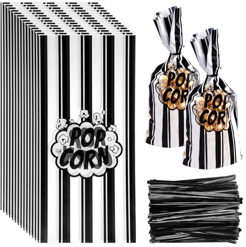 Xyvor 120 Stück Popcorntüten, 27 × 13 cm Popcorn Tüten Klein, Gestreiften | Popcorn Bags mit 200 Bindebaender, Süßigkeiten Tüten, Zellophantüten für Filmabend, Familienfeier, Geburtstag