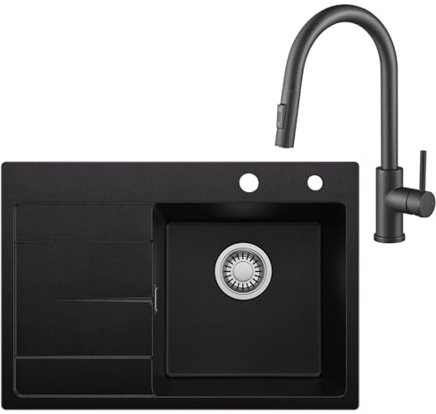 CECIPA Lavello Cucina 1 Vasca in Granito Nero - 65x45 cm con Rubinetto Estraibile, Vasca Singola con Sifone e Gruppo di Scarico