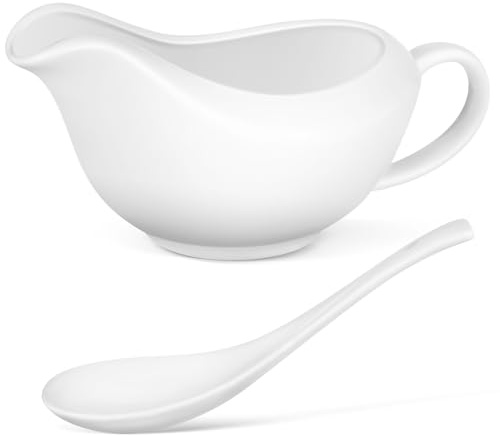FONDOTIN Salsera De Cerámica Con Cuchara Integrada, Mini Jarra Para Salsa y Condimentos, Dispensador Práctico Para Uso Cocina y Mesa, Tamaño Compacto, Color Blanco