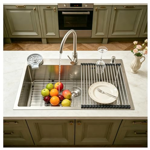 HZKSINNK 304 Edelstahl-Spüle, 1-Becken Einbauspüle, Gebürstete Küchenspüle, Großes Becken, 85x50cm Tiefe, Handgefertigt, Multifunktionales Spülbecken, Mit Siphon, Ablaufgarnitur