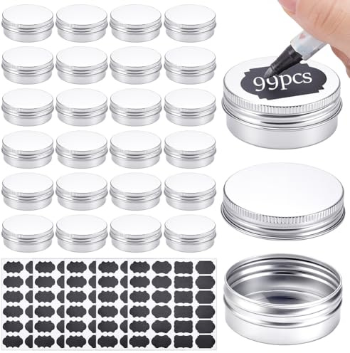 INTERWARM 99Pcs Round Tin Cans, 30ml Aluminum Containers with Screw Lid Small Tins with 5 Sheets Paper Label Travel Cosmetic Containers for Lip Balms Lotion Bars Candles (Silver)