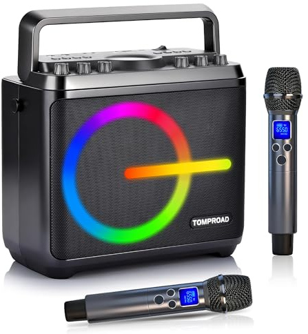 TOMPROAD Karaoke-Maschine mit LED-Lichtern, tragbares Bluetooth-Lautsprechersystem, Schwarz, Party-Entertainment-Soundsystem (Schwarz)