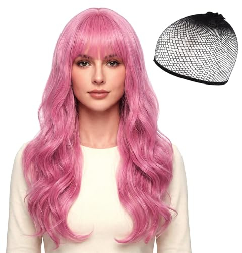 HTTDSLF 26 Perruques Longues Ondulées Rose avec Franges pour Femmes, Longue Vague Naturelle, Bouclés Perruque Synthétique Résistante À La Chaleur, pour Cosplay Fête Tenue Quotidienne Soirée (Rose)