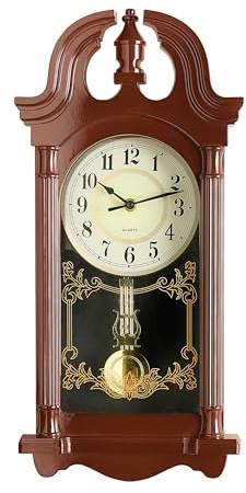 Coopers of Stortford - Grandfather Style Wall Pendulum Clock - Silent Battery Operated Vintage Mahogany Effect Clock with Moving Pendulum