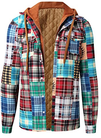 Generisch Veste d'hiver pour homme - Imprimé patchwork - Plaid - Poche zippée - Manches longues - Manteau épais ample