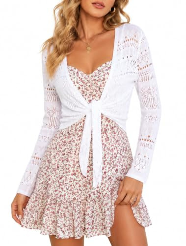 YUURQTY Boléro pour femme - Cardigan léger - Manches 3/4 - Cravate à l'avant - Court - Crochet - Veste boléro festive pour robe