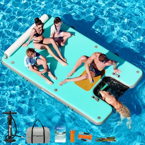 FBSPORT Plataforma Flotante Hinchable con Rampa para Perros, Plataforma Flotante de Aire Antideslizante con Escalera de Agua y Reposacabezas, Isla de Agua Hinchable para Piscina, Lago, Playa y Océano