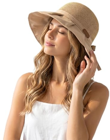 ZJEEACO Sun Hats for Women UK, Bucket Sun Hat with Wide Brim, Women's Sunhats for Camping, Comfortable and Versatile Ladies Sunhat with Bowknot, Summer Packable Hats for Women Outdoor UV Protection