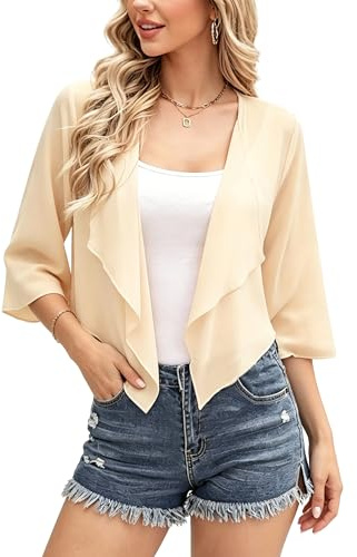 Vossmi Elegante Chiffon Coprispalle da Donna Casual Cardigan Corta Maniche Giacca Leggero Bluse Top per Spiaggia Bikini Cover Up Copricostume Mare Estivo