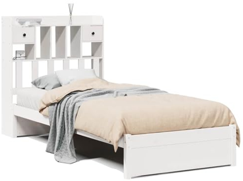 XHNIFBN Massivholzbett 75x190 cm Kiefer Weiß inkl. Lattenrost und Bücherregal Kopfteil Stauraum Jugendzimmer Schrankbett Kinderbett Modernes Design für Schlafzimmer Gästezimmer