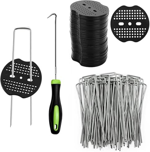 100 Pièces Piquets de Jardin Galvanisé avec 100 Rondelles, Piquets de Fixation en Acier Galvanisé, Piquets Antirouille D'ancrage au Sol, Sardines de Fixation Set pour Toile de Paillage et de Jardinage