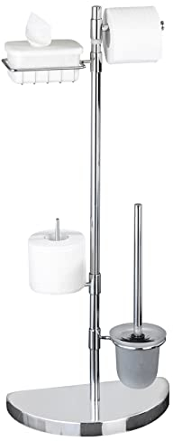 WENKO Raumspar WC-Center, Ständer für Toilettenpapier & Toilettenbürste, WC-Papierhalter mit Ablage, stehender Rollenhalter inkl. Bürste, rostfreier Edelstahl, 34 x 84,5 x 18 cm
