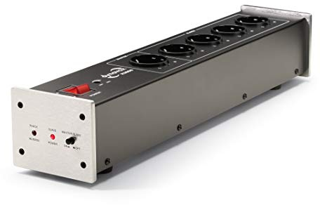 Dynavox HiFi-nätfilter X2000, flera uttag med 5 kortplatser, med LED-indikatorlampa för korrekt fas och master-slavfunktion, silver