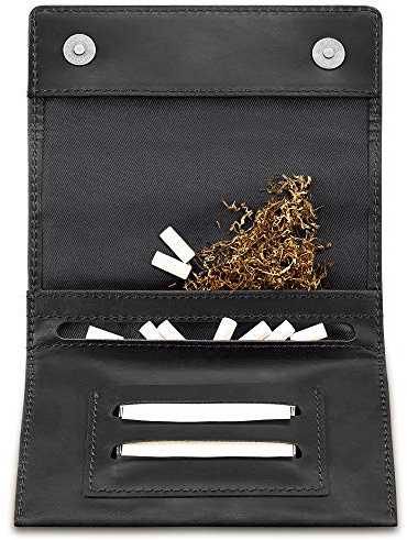 Indian Pearl Genuine Leather Tobacco Pouch with Extra Zip Compartment, Handmade, Rotating, Black